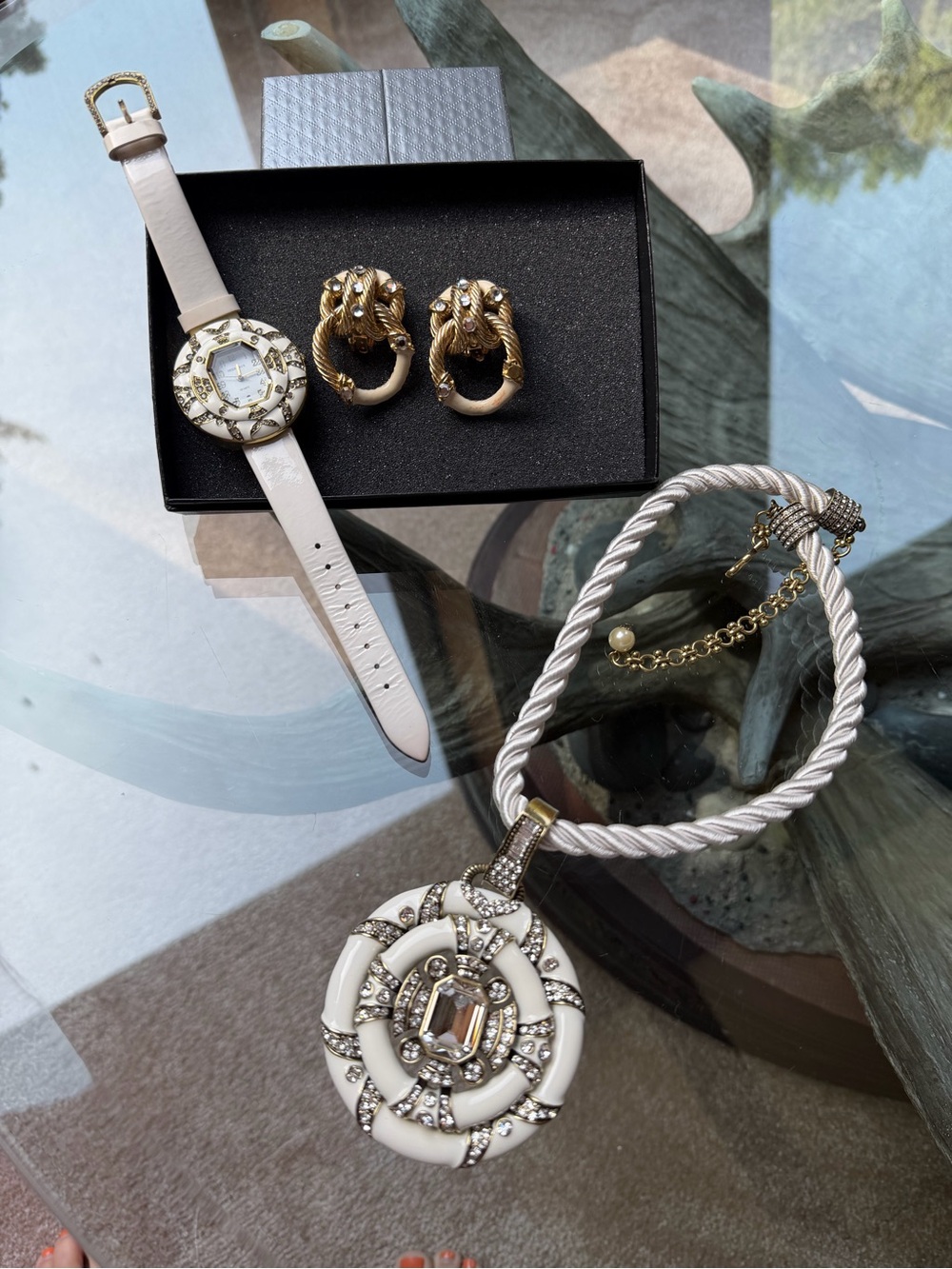 Heidi Daus RARE Newport Chic Grande White Enamel Necklace Earrings Watch Set Lot - Picture 2 of 10
